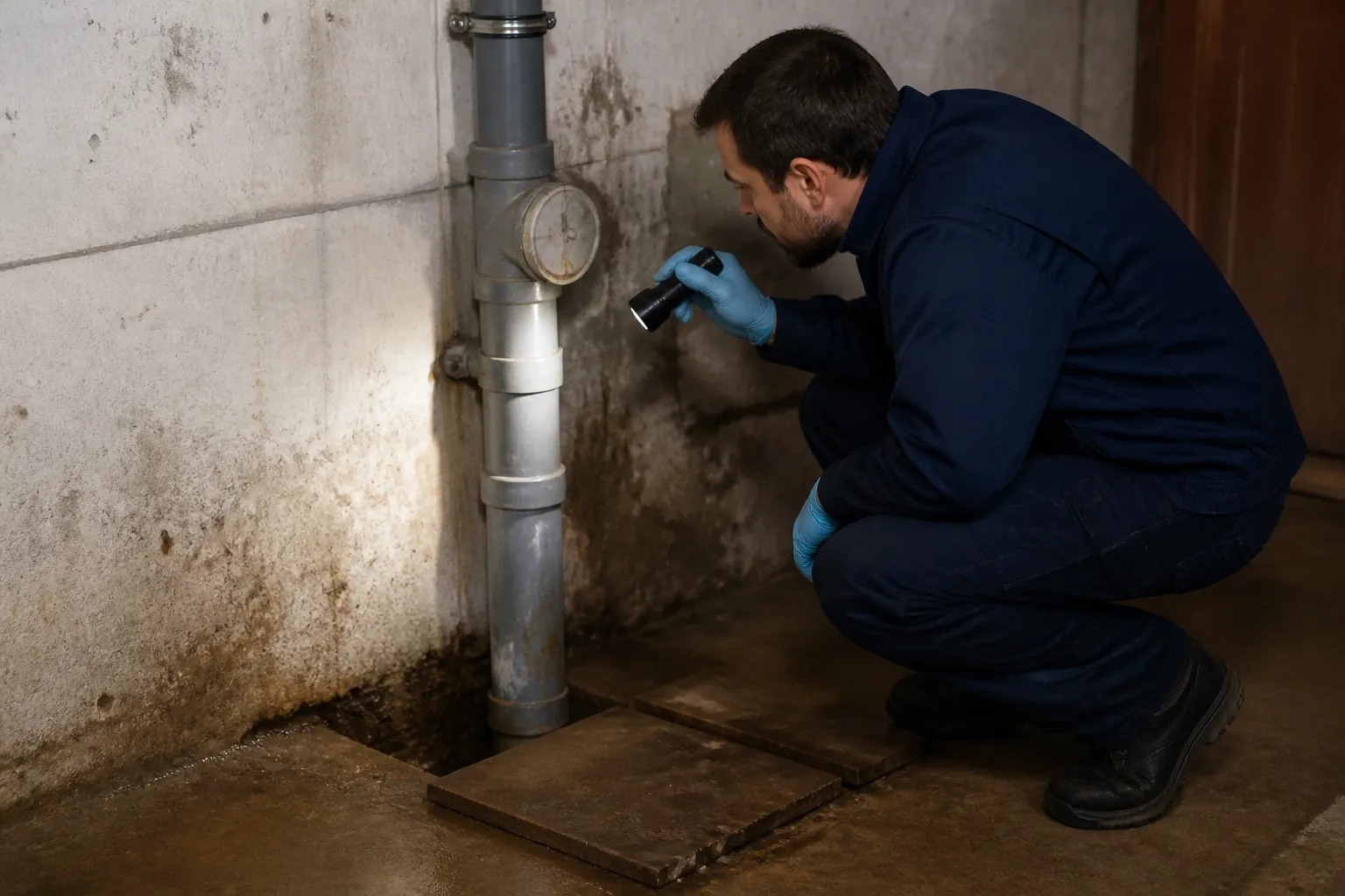 Expert examinant une colonne d eaux usees en cave
