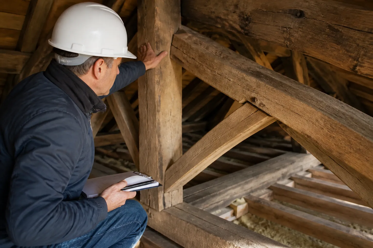 Expert verifiant une charpente depuis les combles