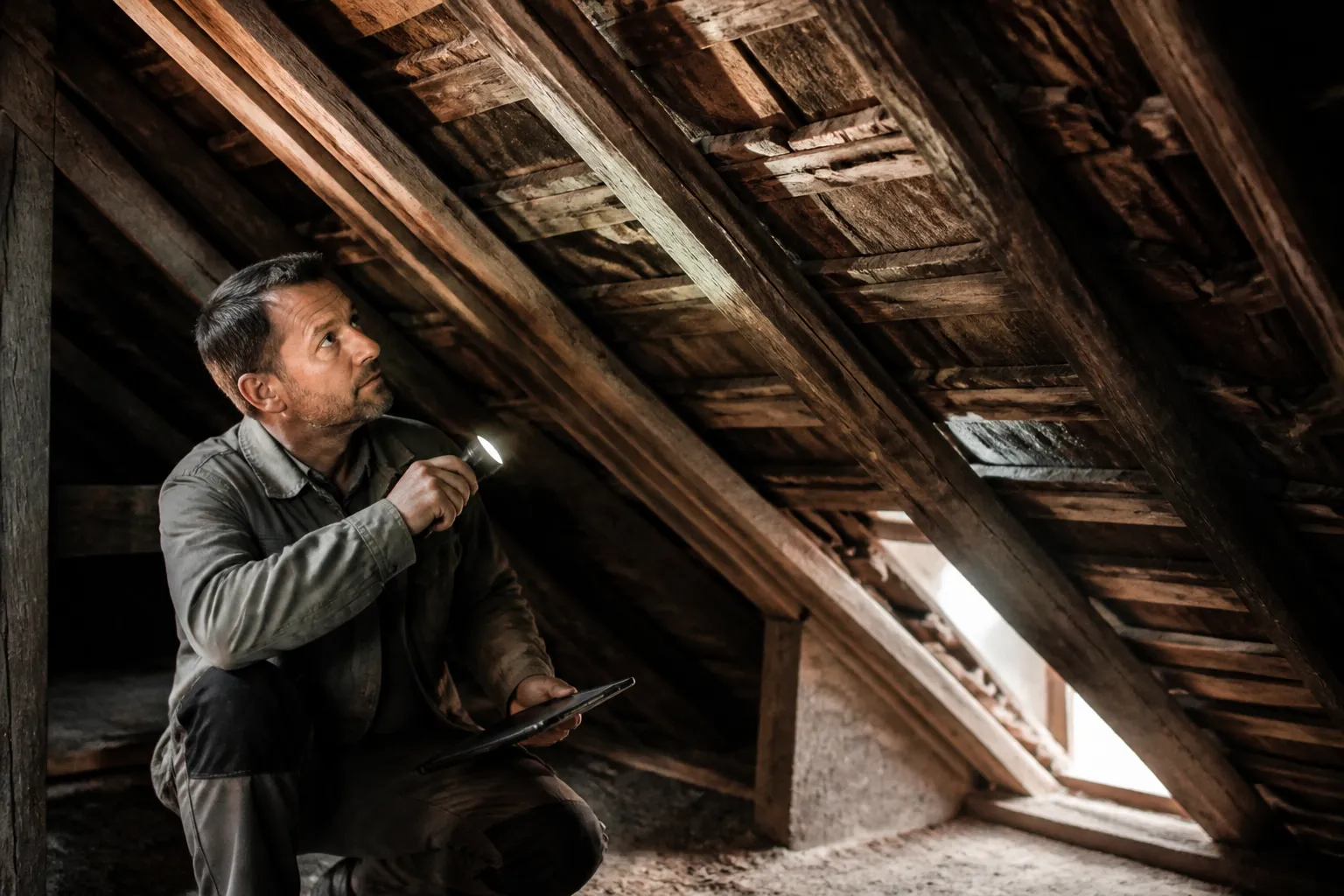 Expert inspectant des combles anciens