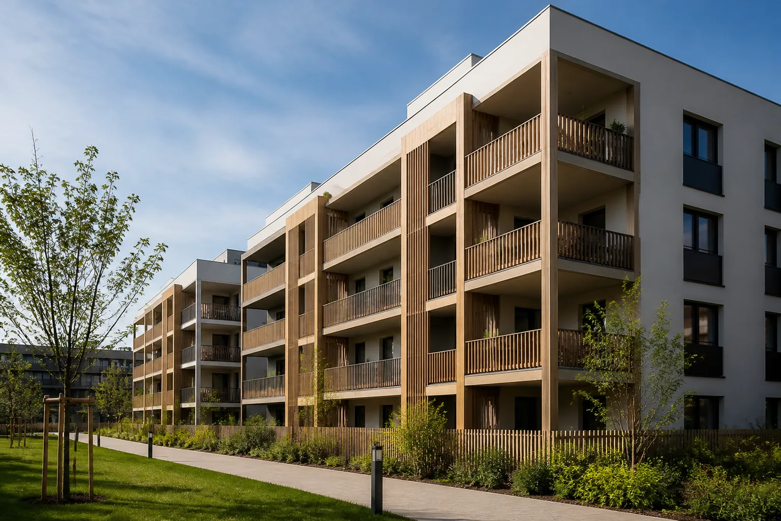 Immeuble residentiel neuf avec balcons en bois