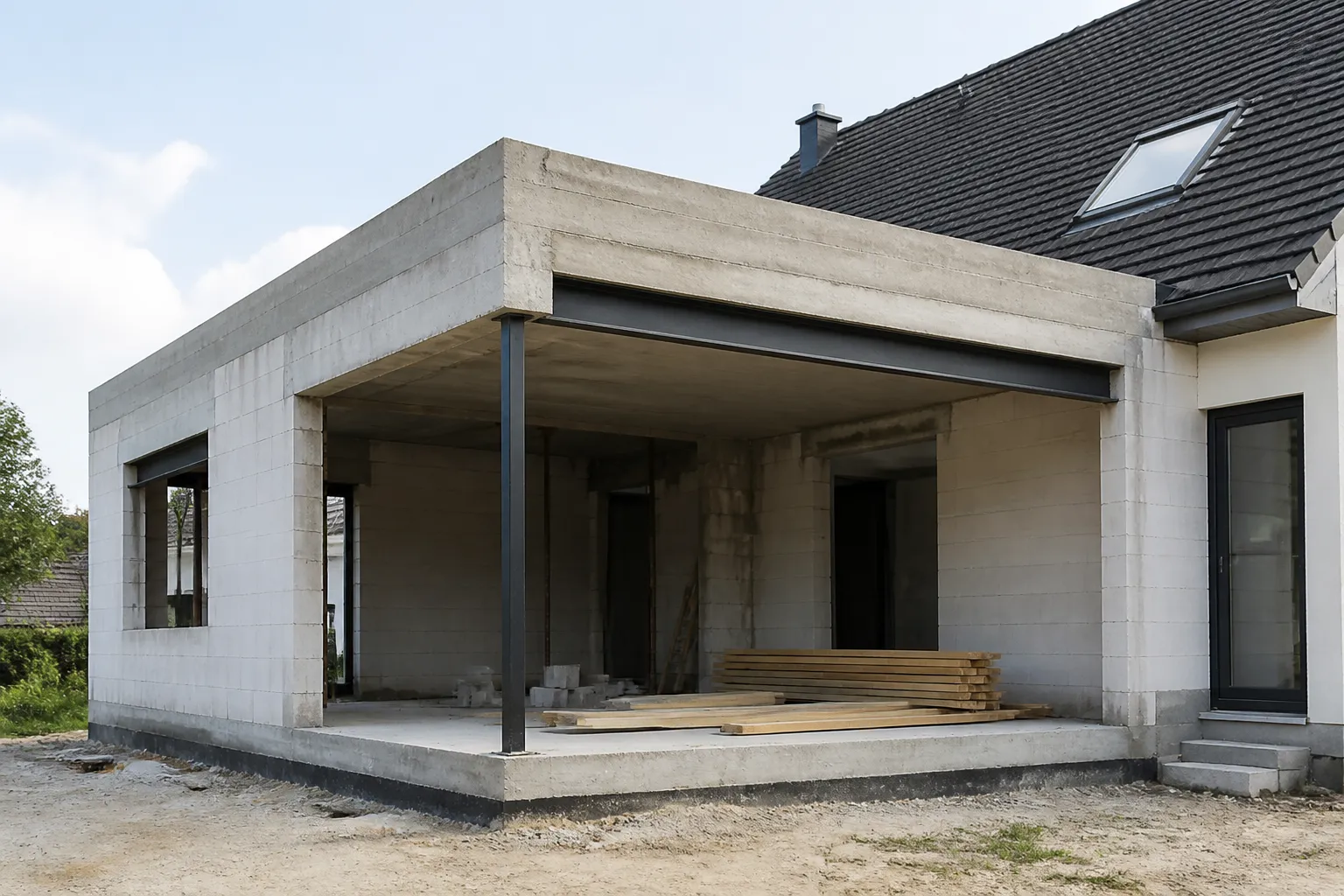 Extension a toit plat en cours de construction