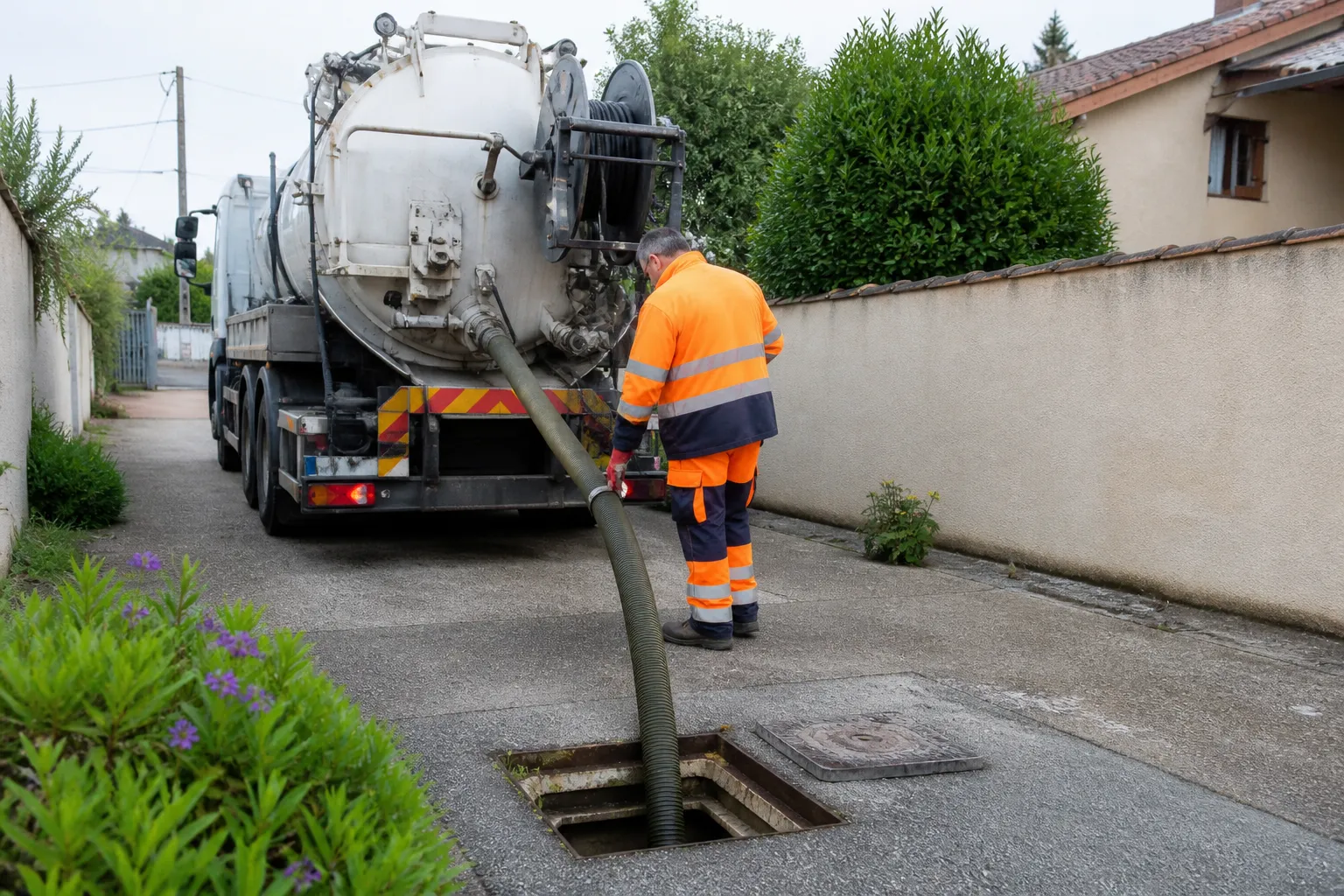 Camion de vidange intervenant chez un particulier