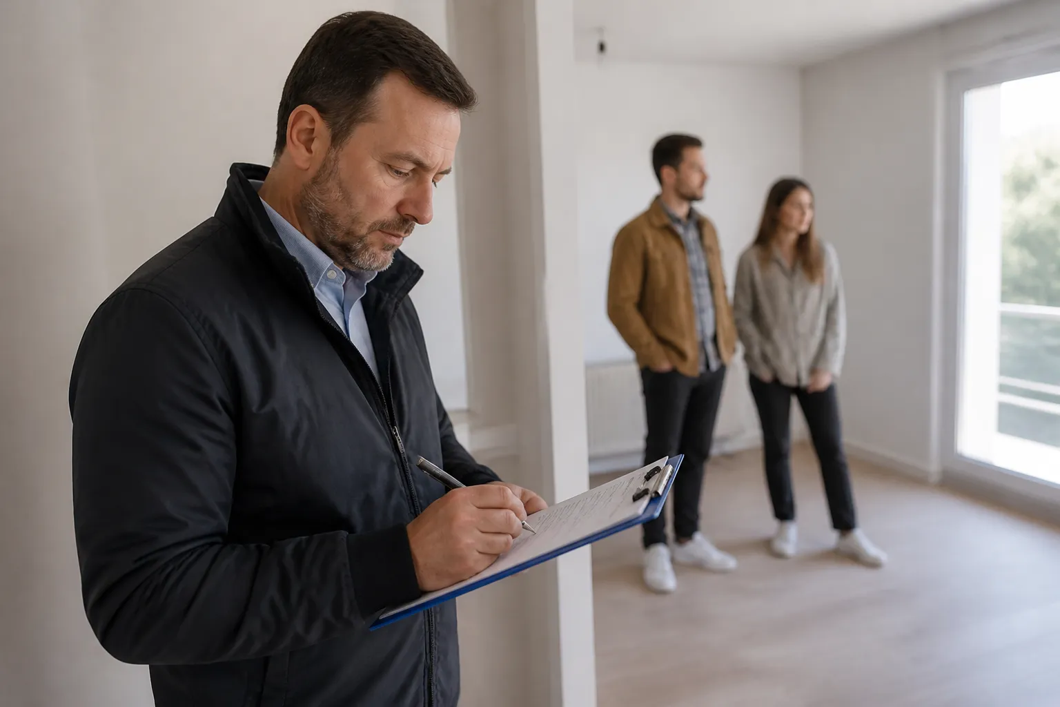 Expert prenant des notes pendant une visite