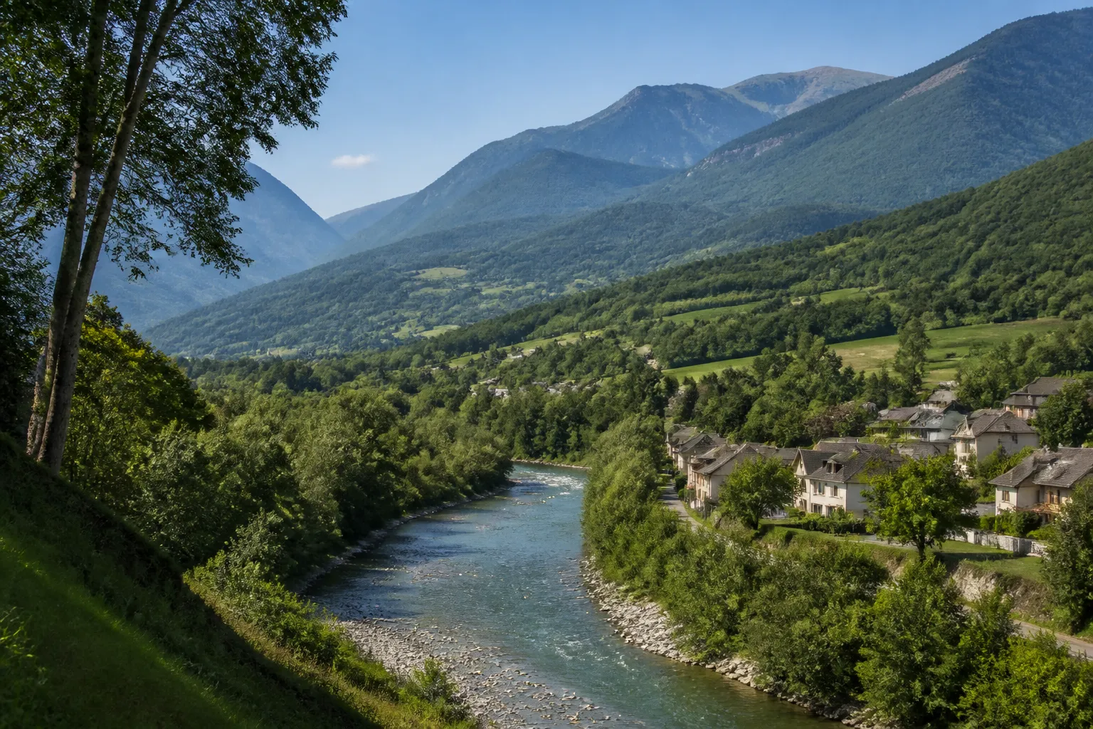 Vue d une vallee iseroise avec riviere et maisons