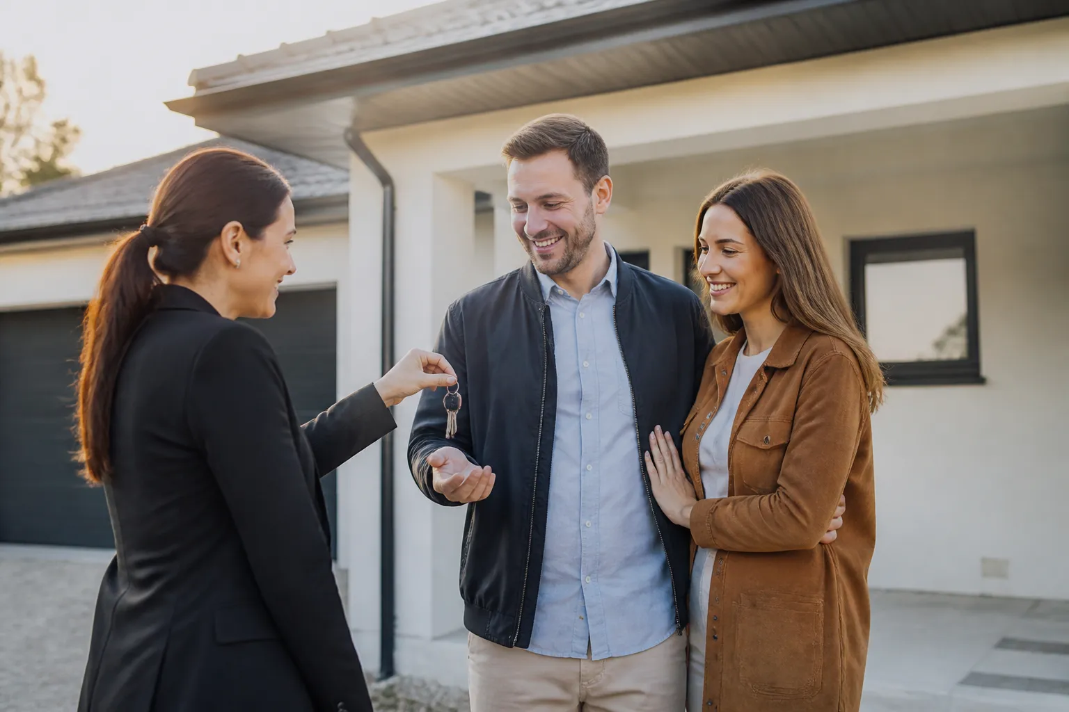 Remise de cles devant une maison neuve