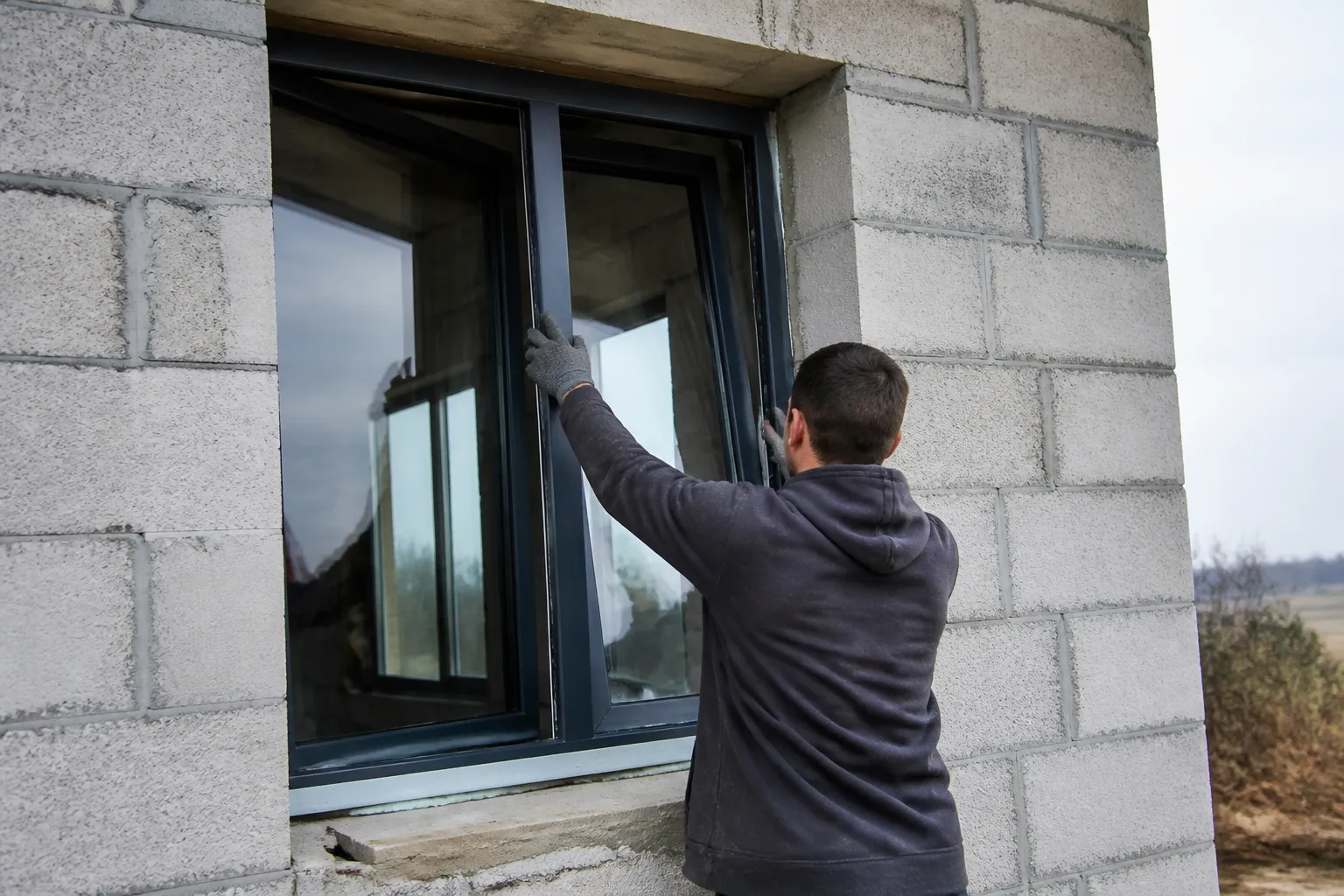 Pose d une fenetre dans une maison en chantier