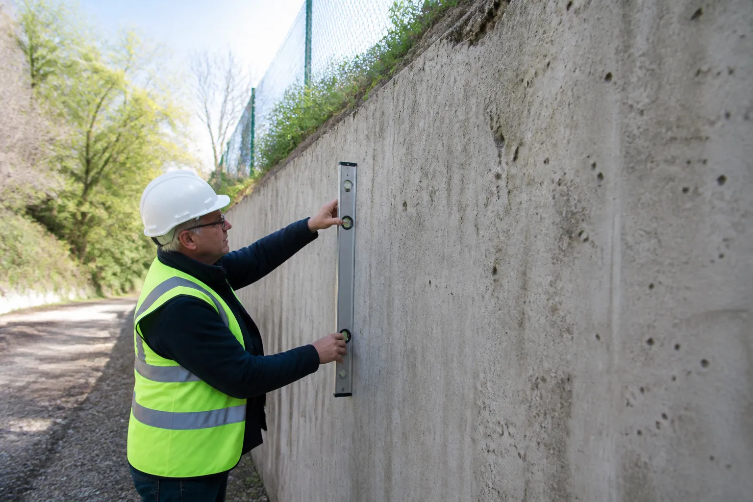 Expert mesurant le devers d un mur de soutenement