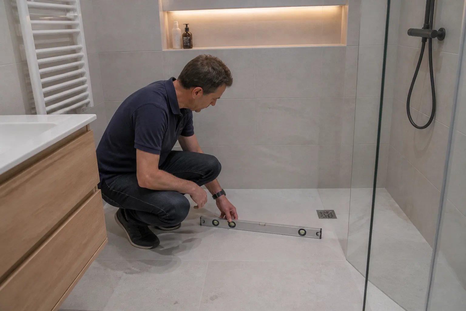 Expert verifiant la pente d une douche a l italienne dans une salle de bains renovee a Grenoble