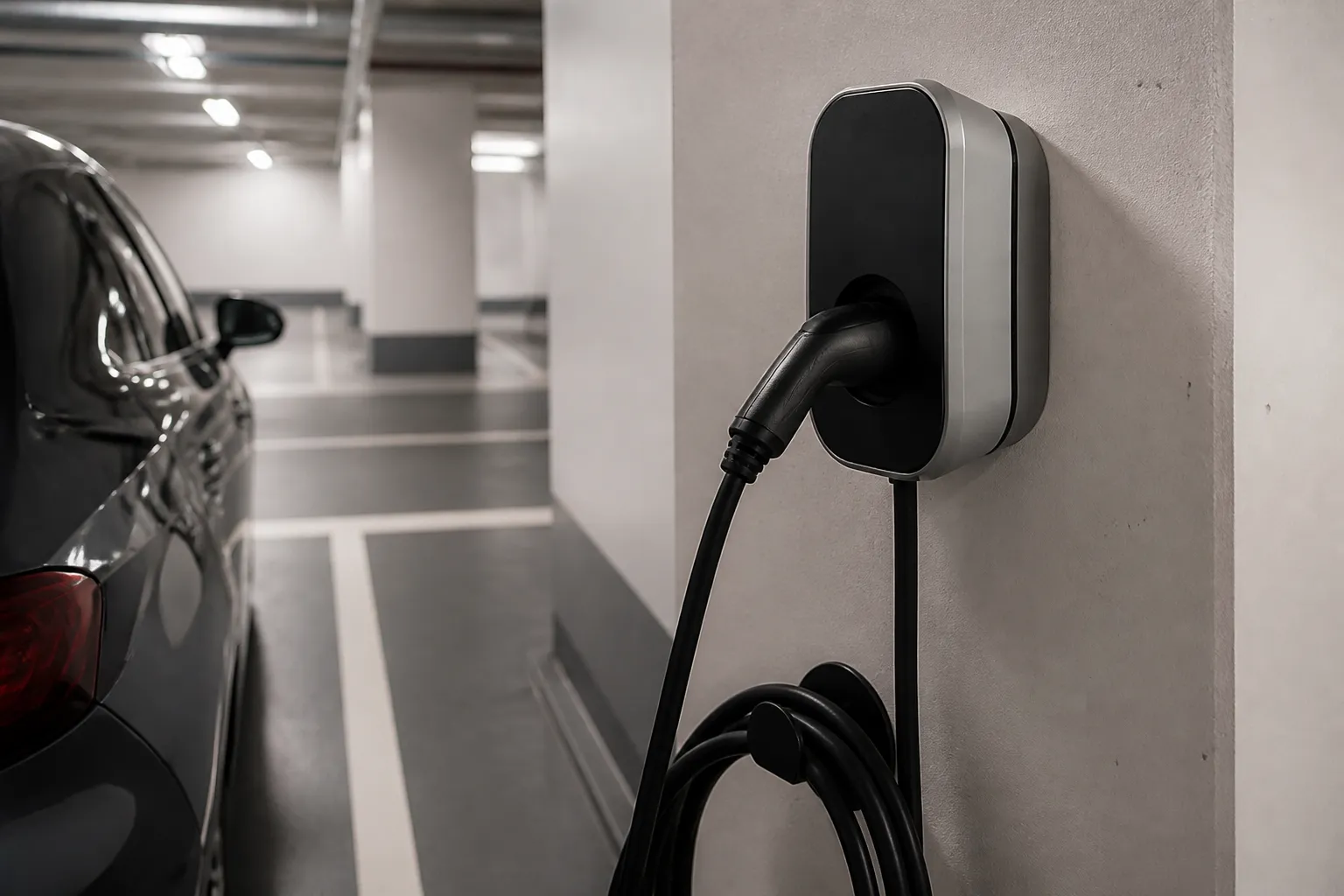 Borne de recharge dans un parking neuf