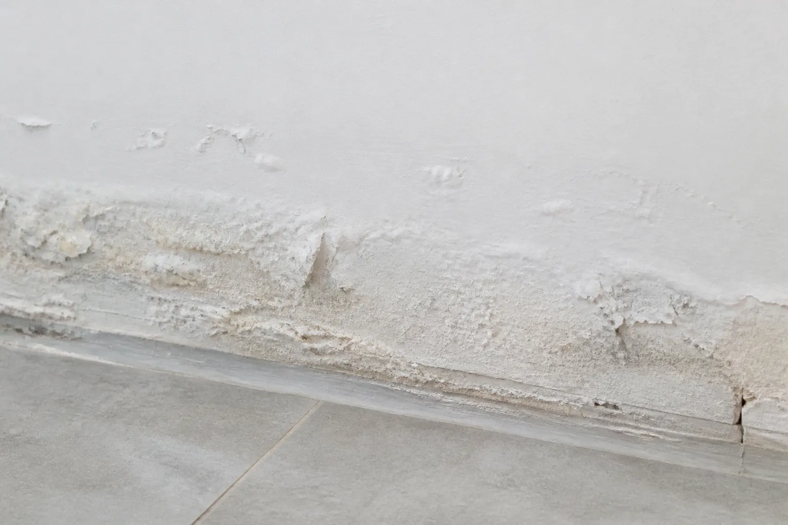 Salpetre et peinture cloquee en pied de mur