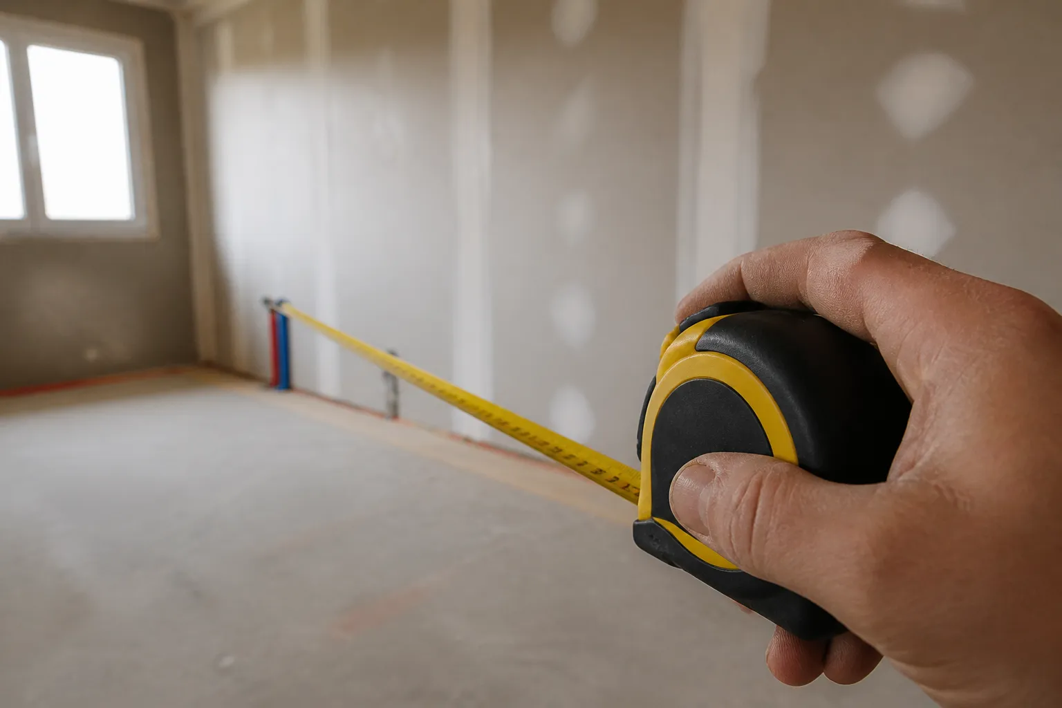 Metre ruban mesurant une piece en chantier